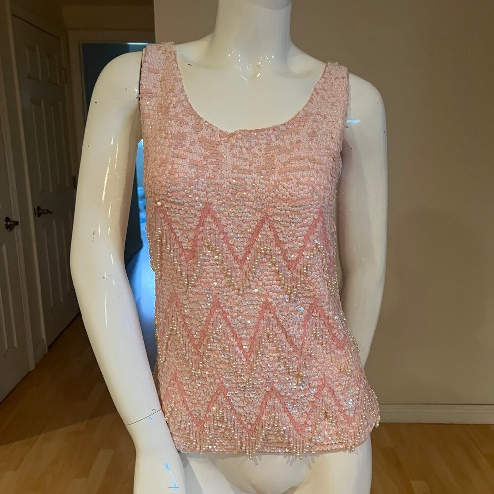 VINTAGE 60'S JO RO IMPORTS EMBELLISHED SLEEVELESS PINK TOP SIZE L LARGE
